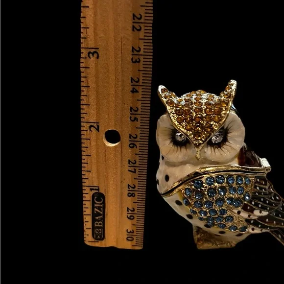 Vintage horned spotted Owl enamel jeweled trinket box - Picture 8 of 9